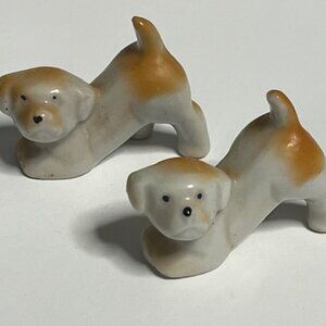 TWO Miniature Vintage White/Brown Puppies Porcelain Figurines 1.6"